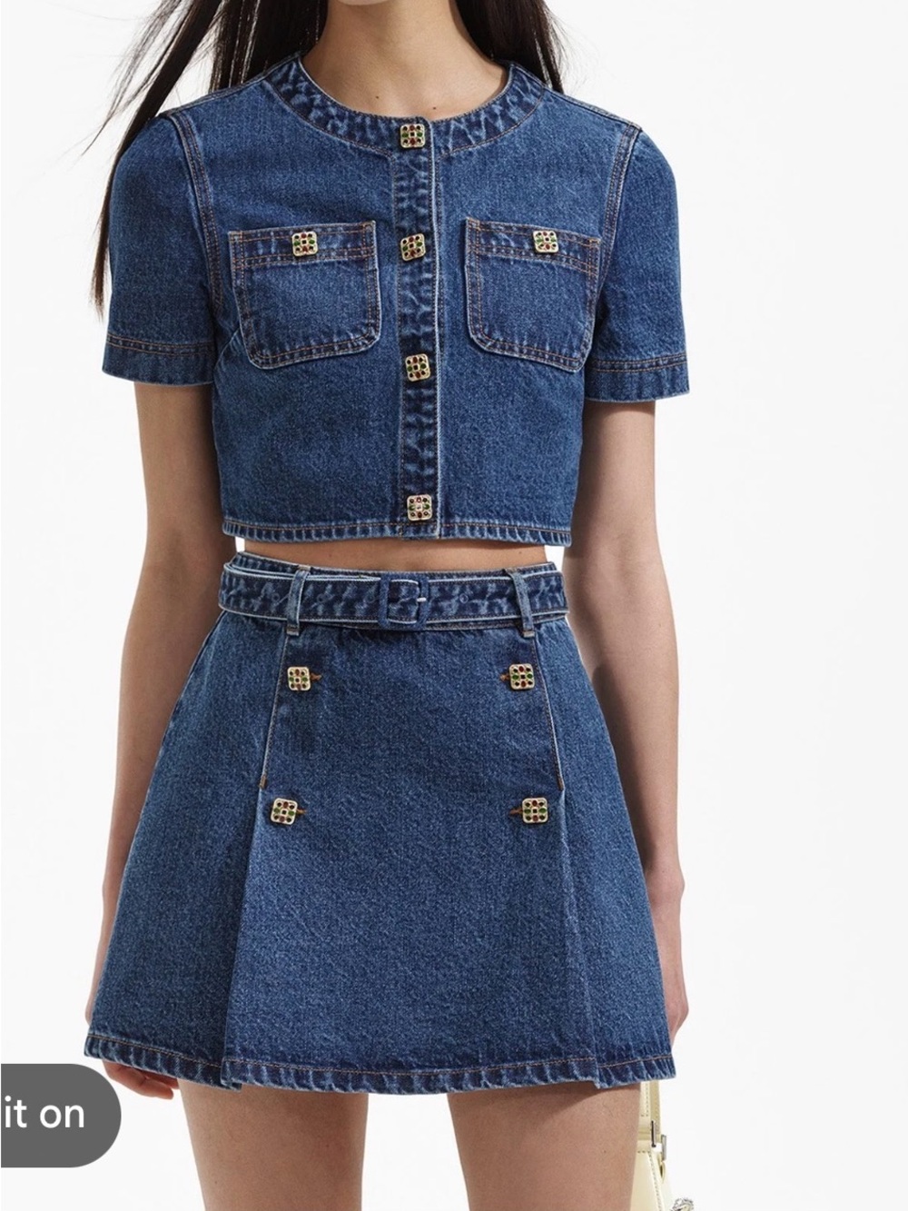 Self-Portrait Dark Blue Denim Short Sleeve Two-Piece Dress Set - Picture 13 of 13